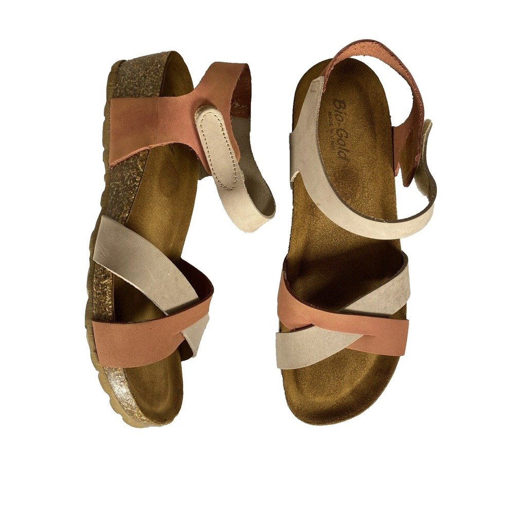 Bio-Gold Womens Leather Wedge Sandals Brick Taupe Made in Italy E134 Size 8 - Picture 2 of 11